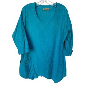 Ezze Wear Turquoise Textured Gauze Trapeze Lagenlook Asymmetrical Hem Top sz XL